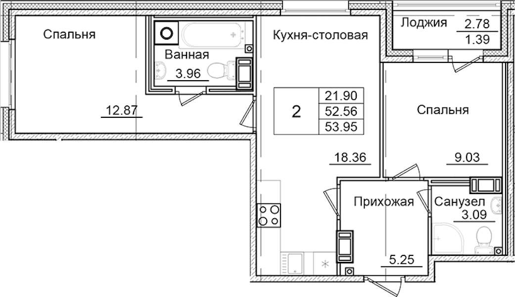 2-комнатная квартира 53.95 м², 2/9 эт., ЖК «Квартал Заречье»